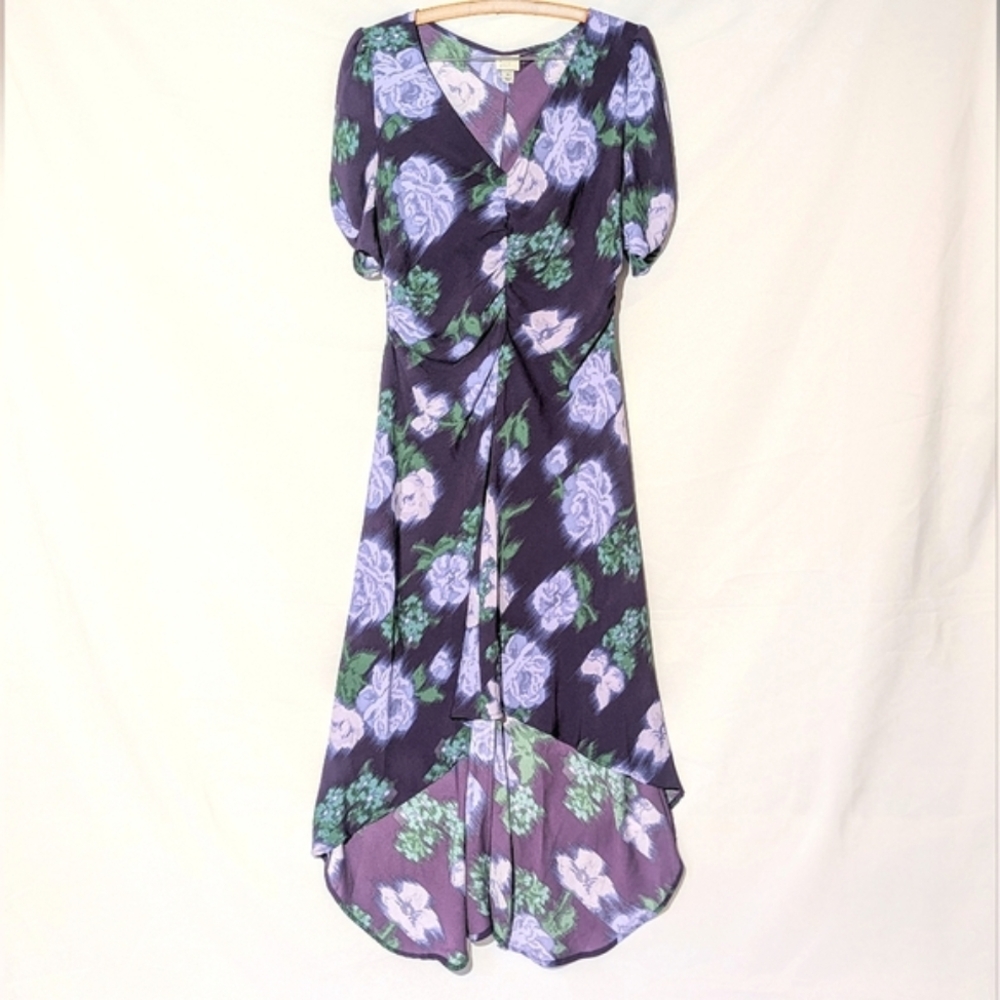 A New Day -  Purple Floral Hi-Low Midi Dress with Puff Sleeves, Medium 💜